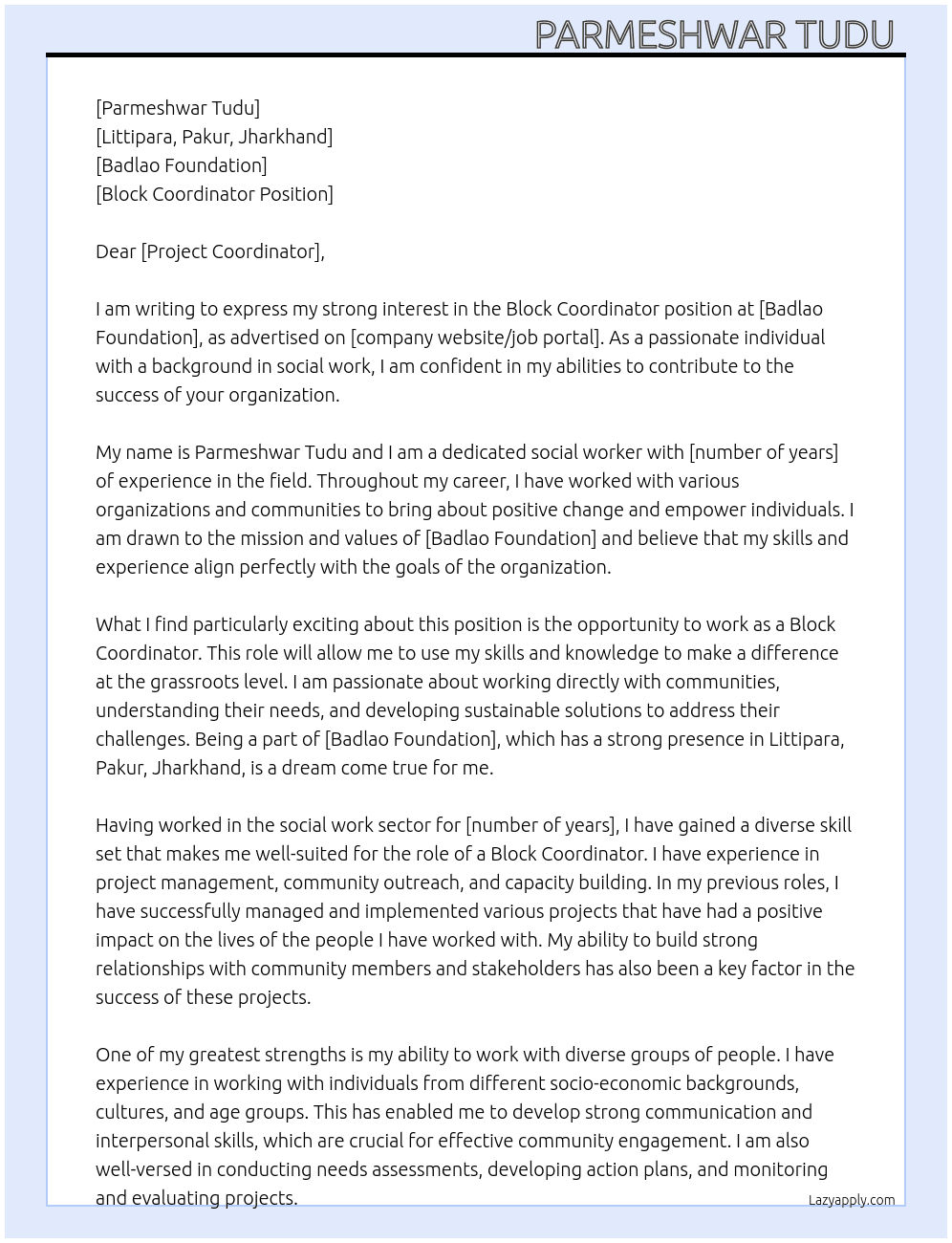 Block coordinator  At Badlao foundation Cover Letter