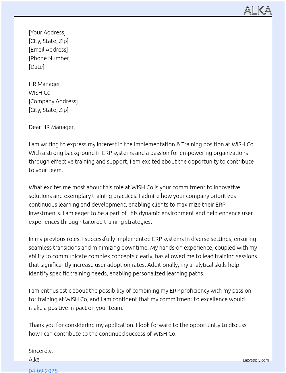 Implementation & training  At WISH Co Cover Letter
