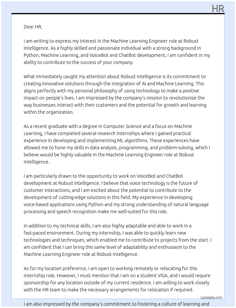 Machine Learning Engineeer At Robust Intelligence Cover Letter