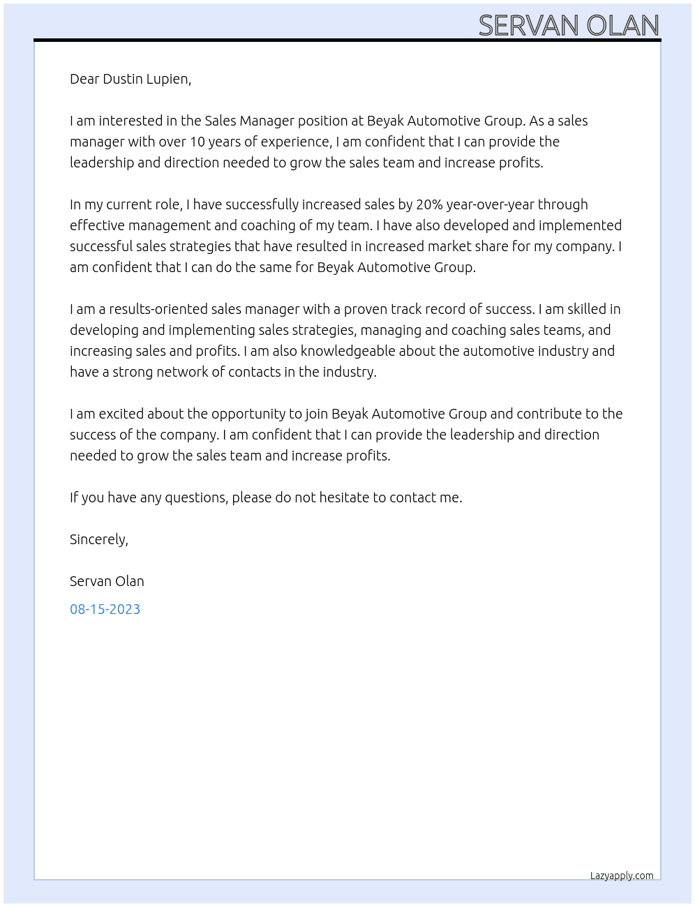Sales Manager At Beyak Automotive Group Cover Letter