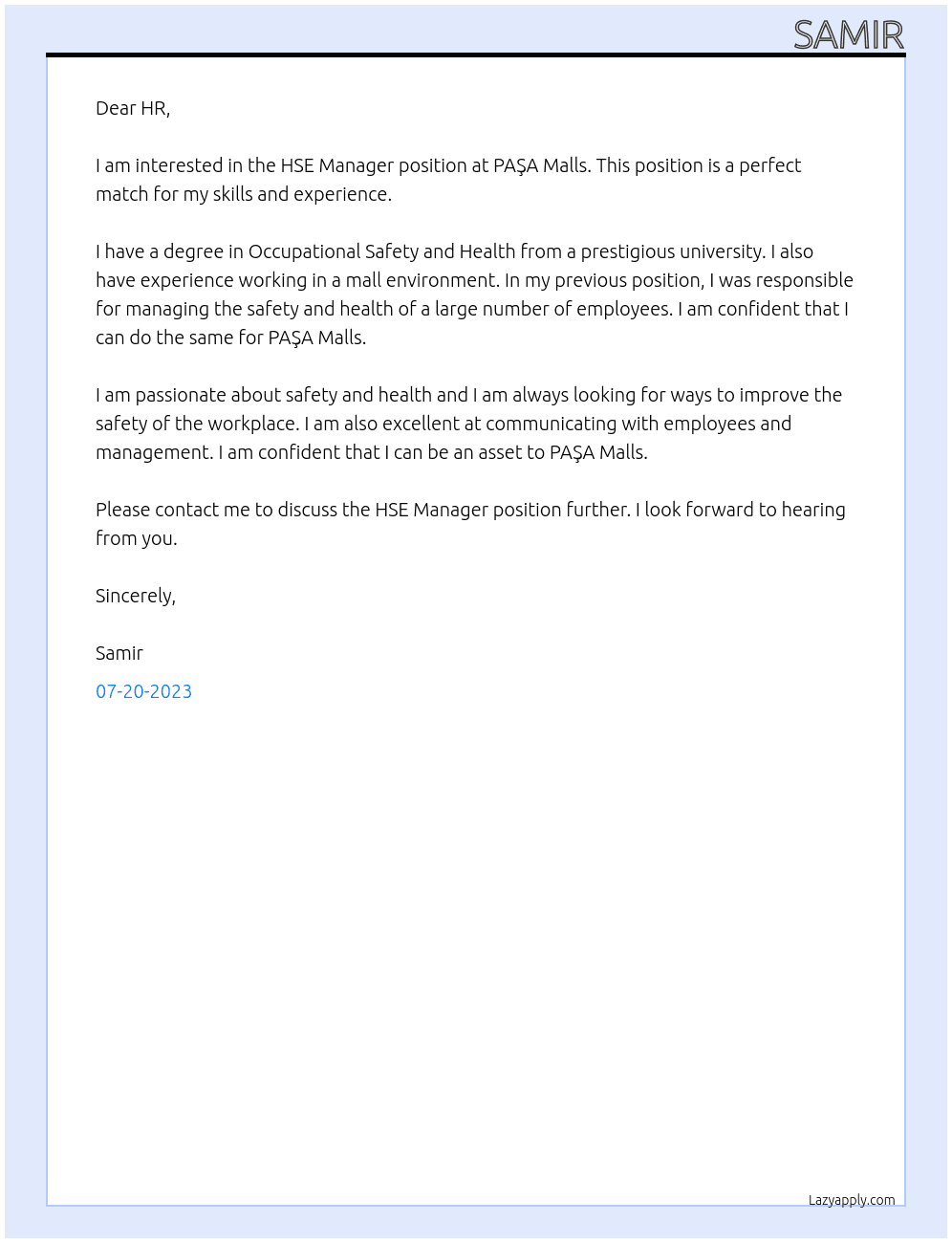 HSE Manager At PAŞA Malls Cover Letter