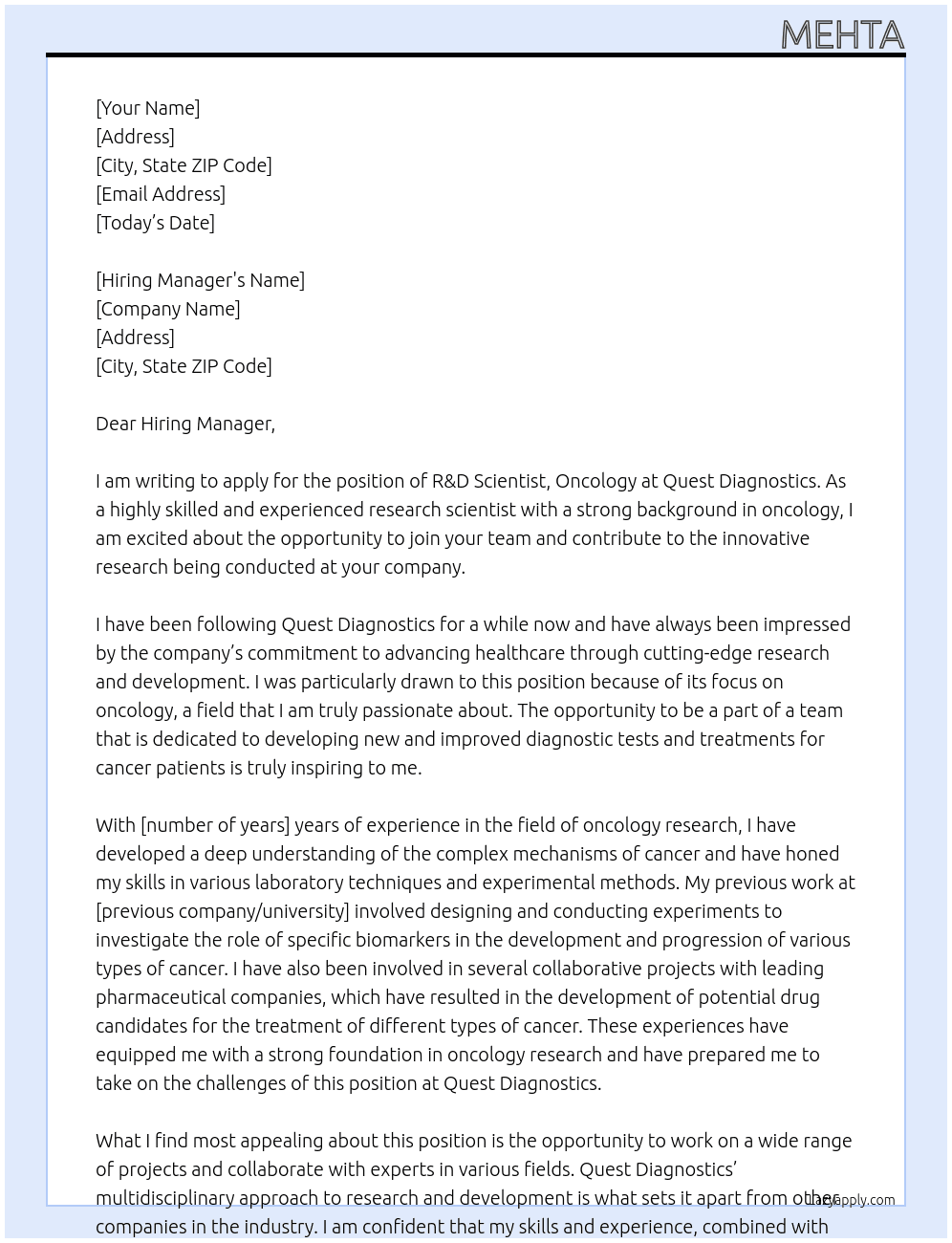 R&D Scientist, oncology At Quest diagnostics Cover Letter