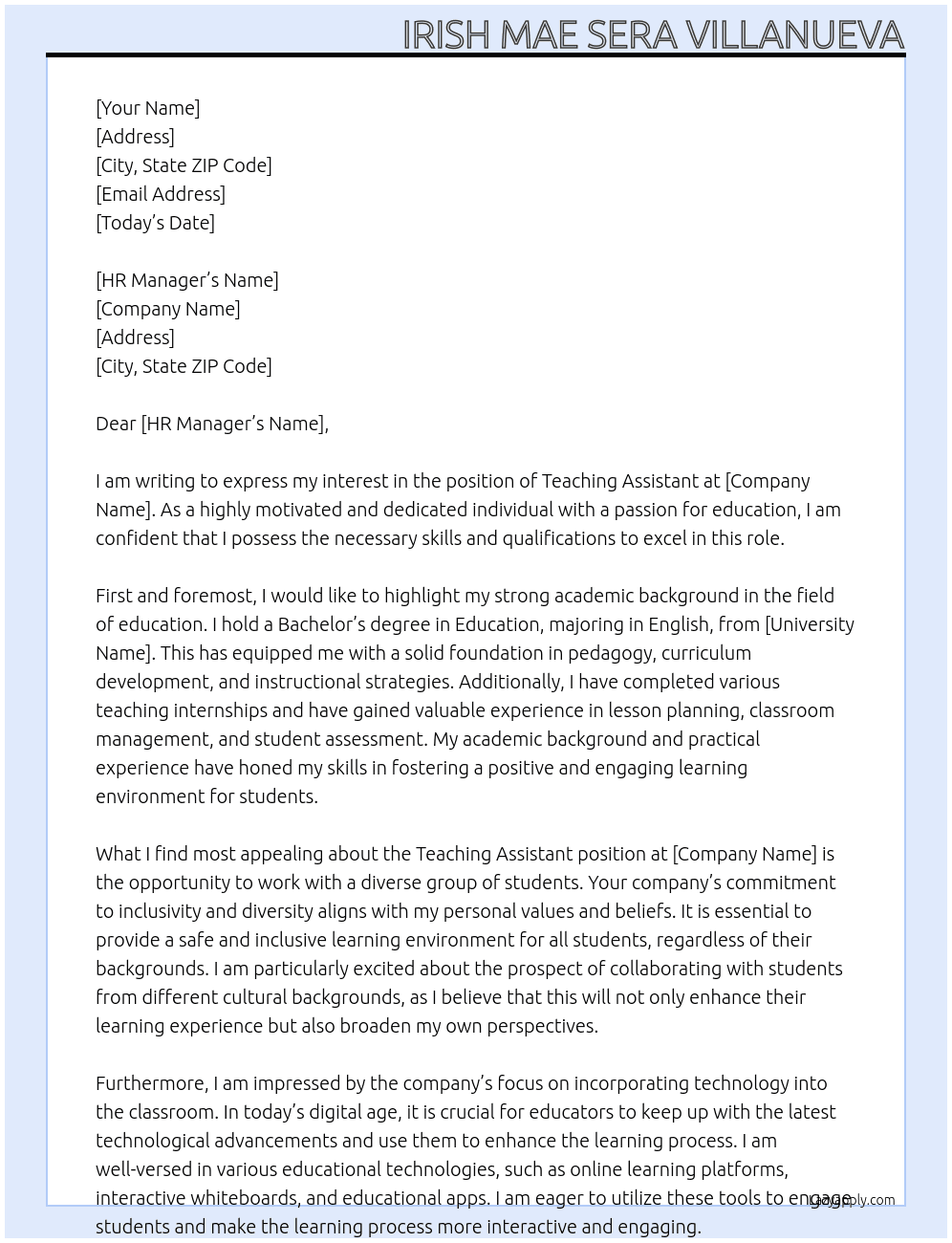 Teaching Assistant At N/A Cover Letter