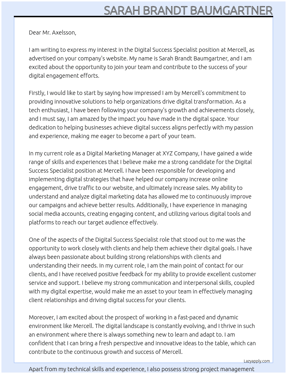 Digital Success Specialist At Mercell Cover Letter