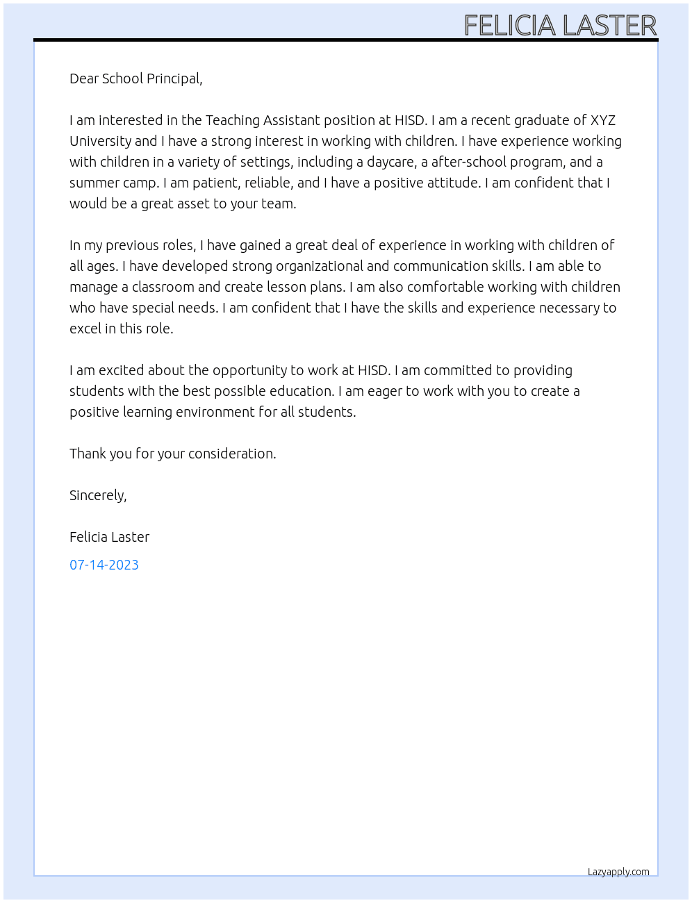 Teaching Assistant  At HISD Cover Letter