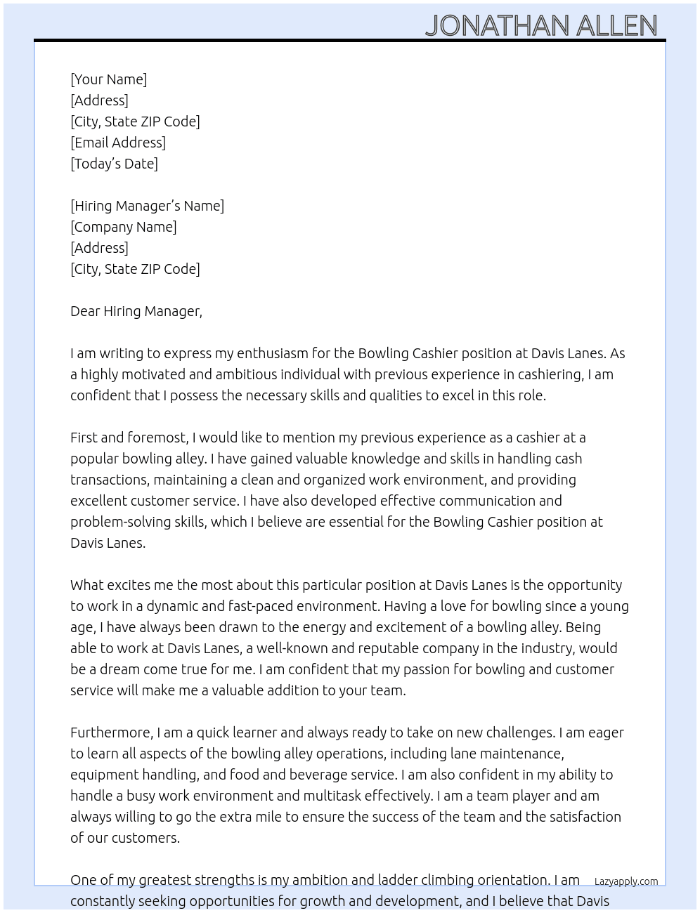 Bowling cashier At Davis Lanes Cover Letter