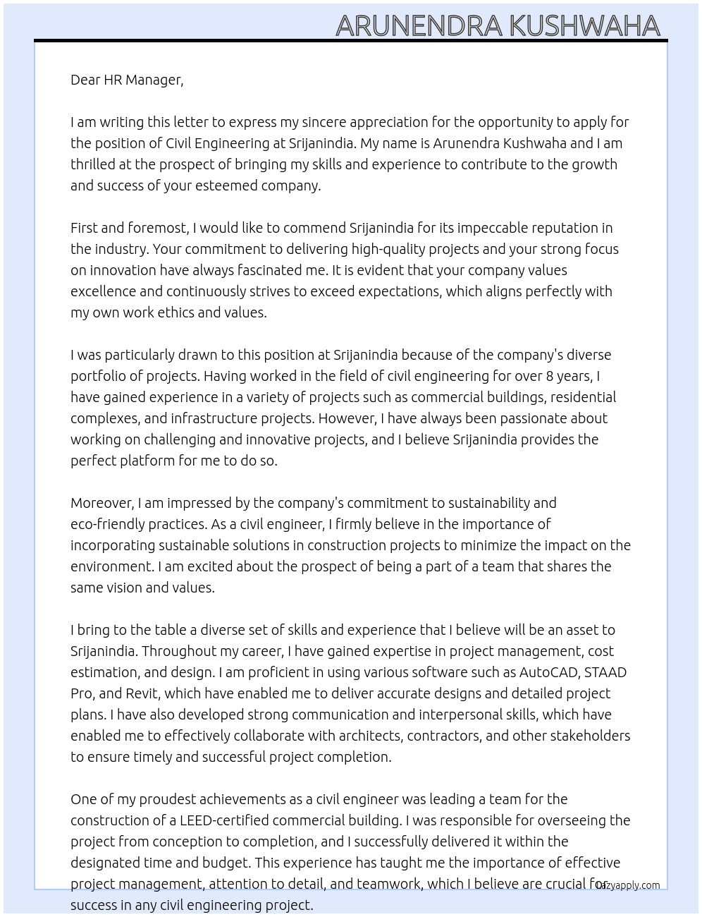 civil engineering  At srijanindia Cover Letter