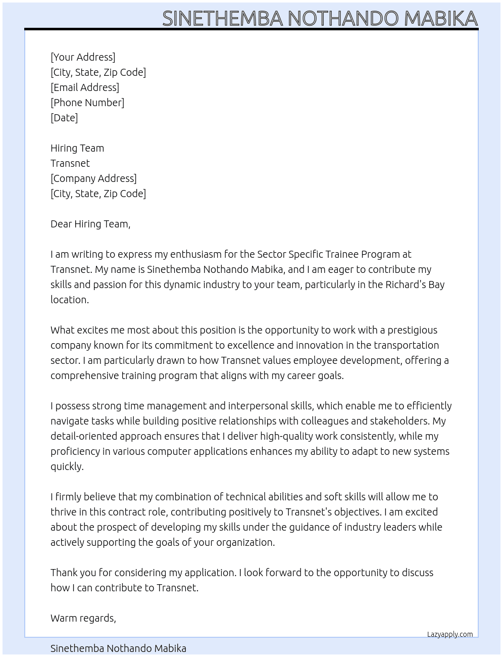 Cover letter for sector specific trainee program - LazyApply