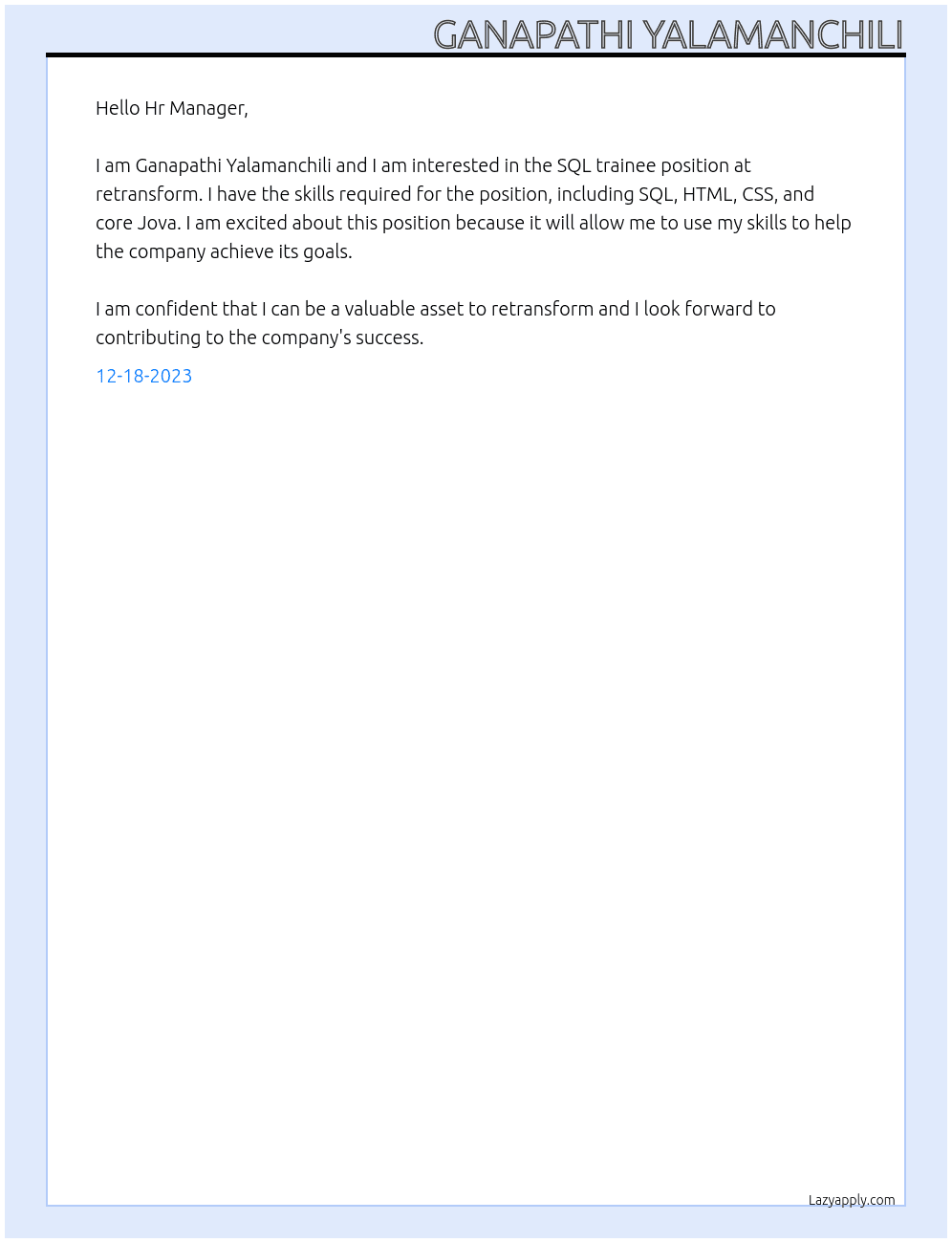 Sql trainee At retransform Cover Letter