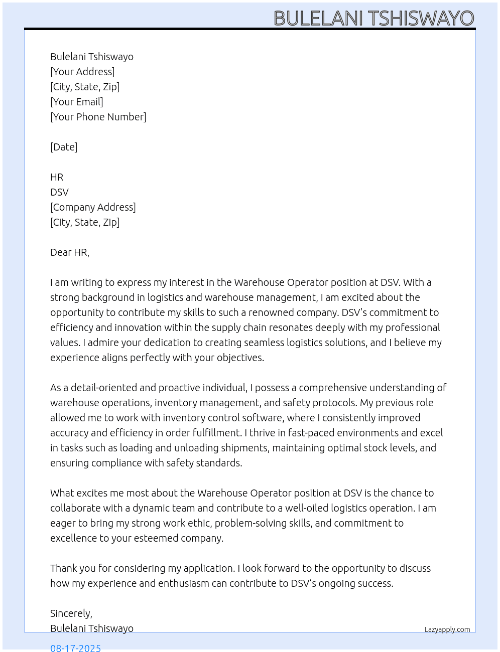 Warehouse Operator At DSV Cover Letter