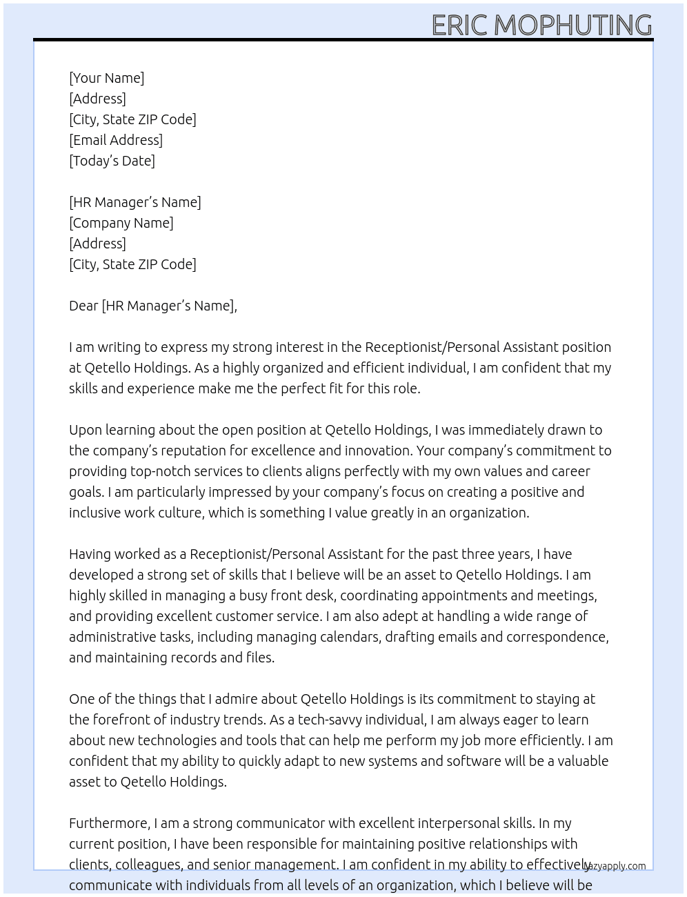 Receptionist/Personal Assistant At Qetello holdings Cover Letter