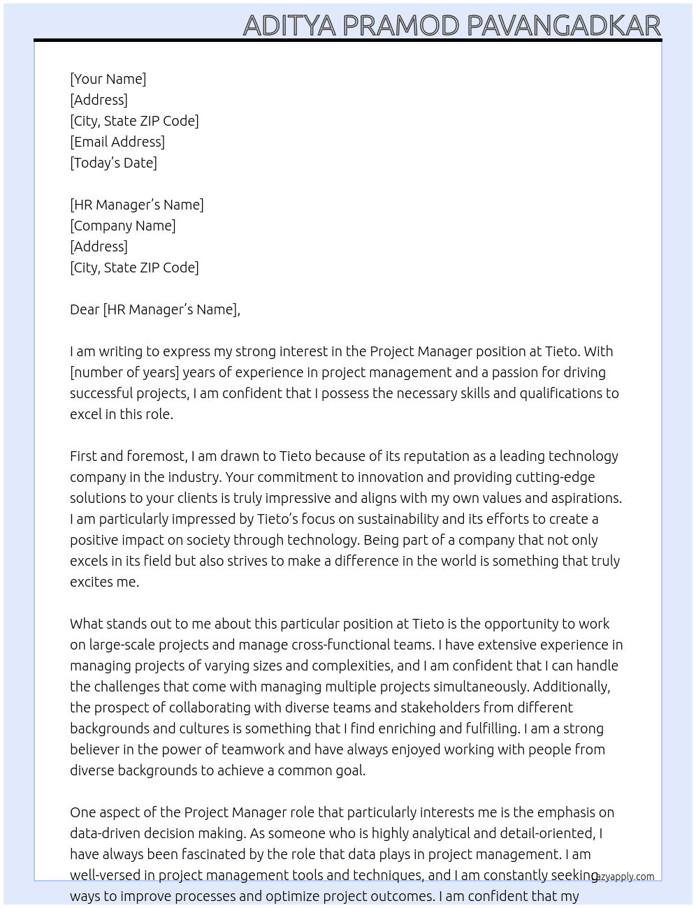 Project Manager At Tieto Cover Letter