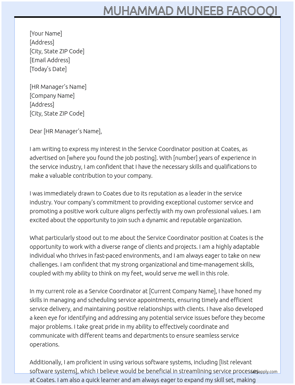 Service coordinator  At Coates Cover Letter