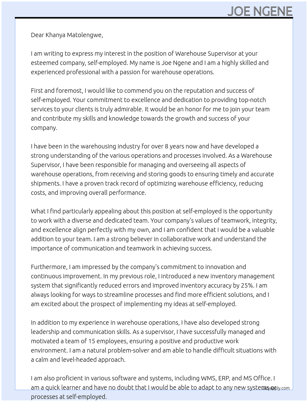 warehouse supervisor At self-employed Cover Letter