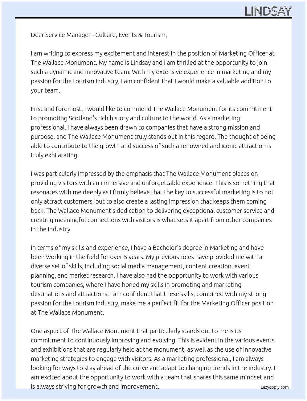 marketing officer At The Wallace Monument Cover Letter