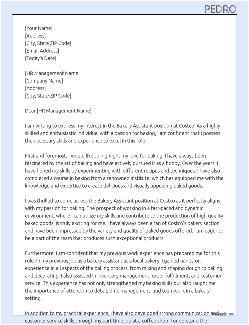 Bakery assistant At costco Cover Letter