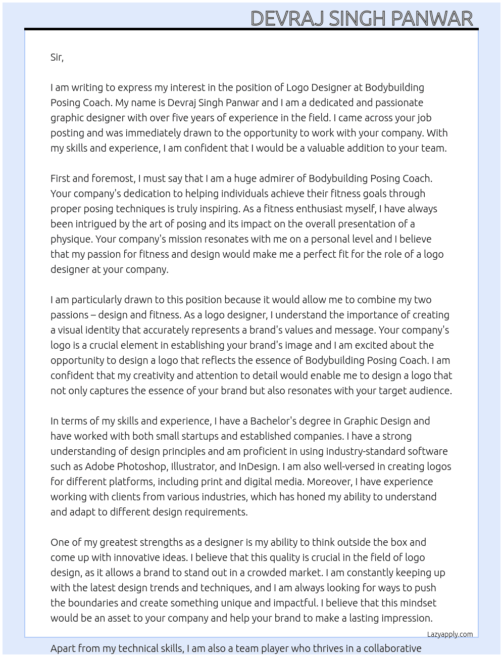 logo desgin At bodybuilding posing coach Cover Letter