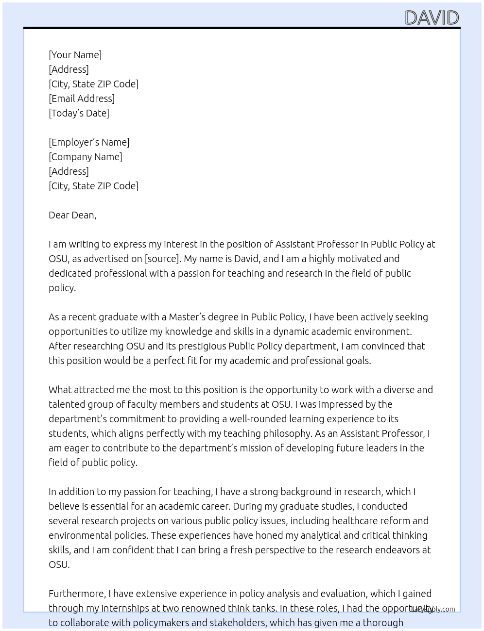 Assistant Professor Public Policy At OSU Cover Letter
