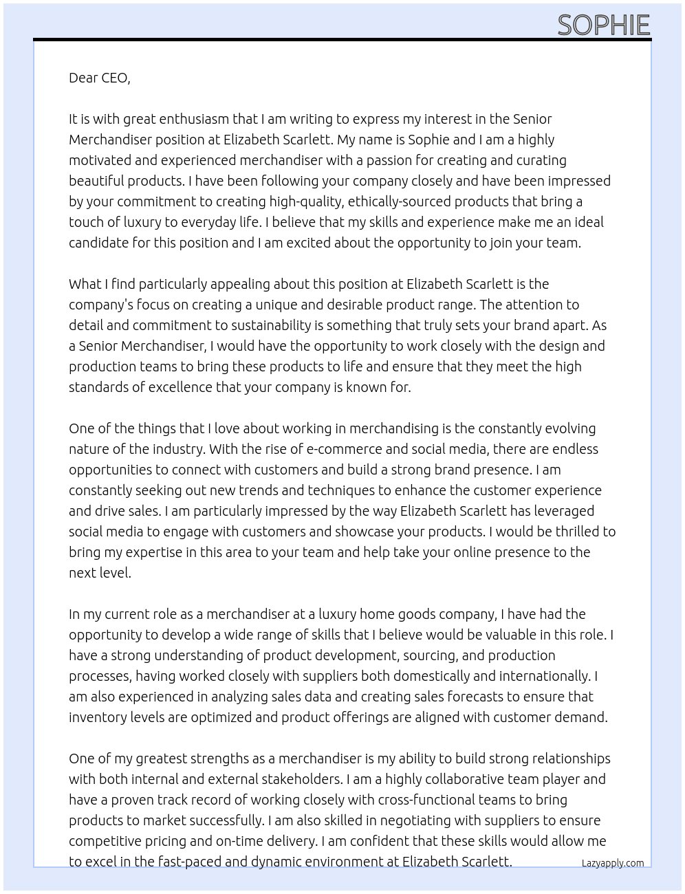 Senior Merchandiser At Elizabeth Scarlett Cover Letter