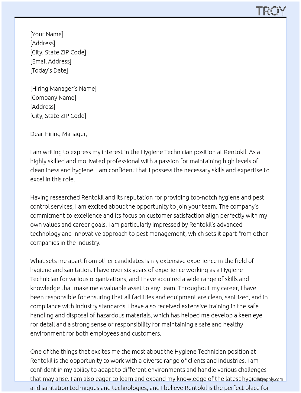 hygiene technician At Rentokil Cover Letter