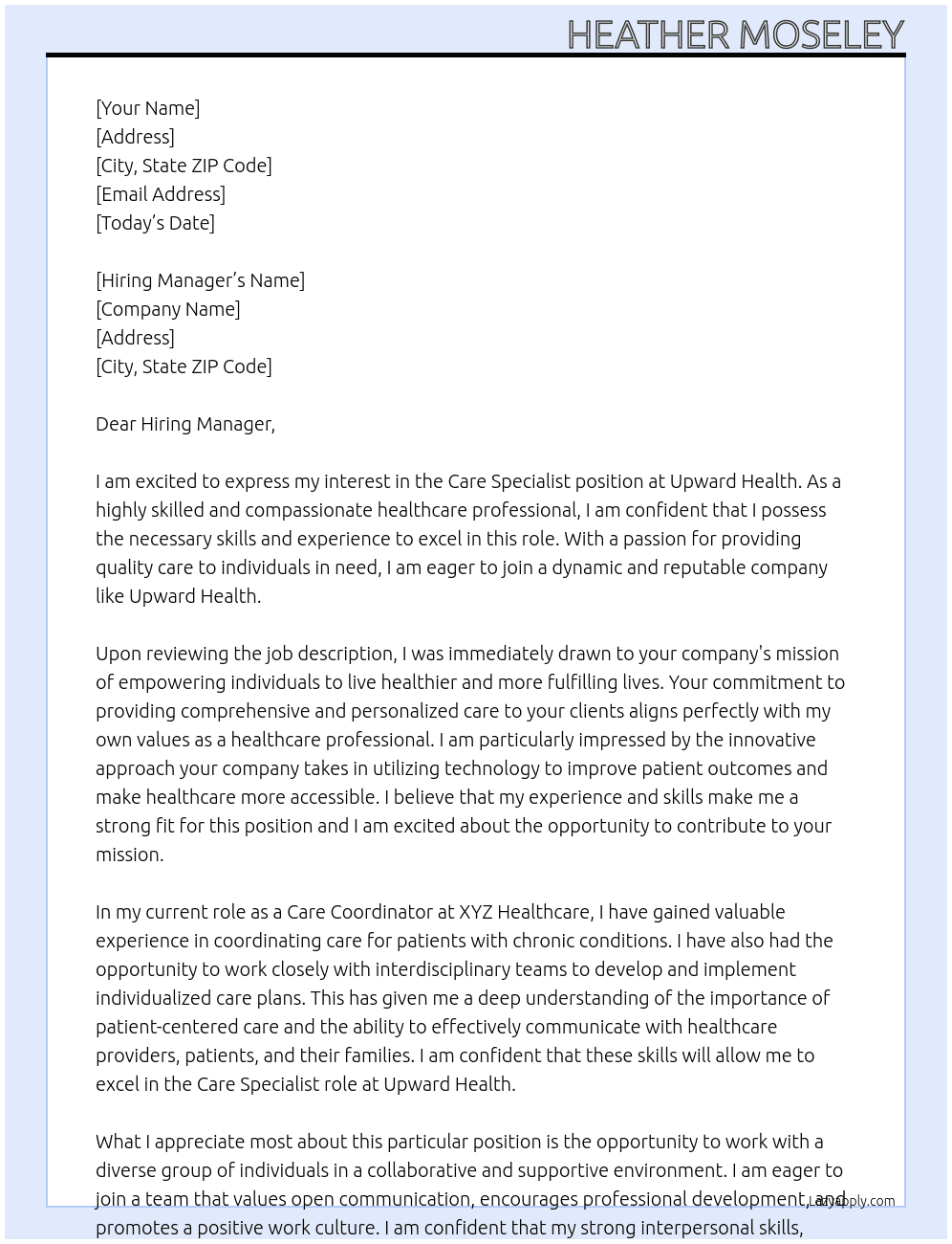 Care Specialist At Upward Health Cover Letter