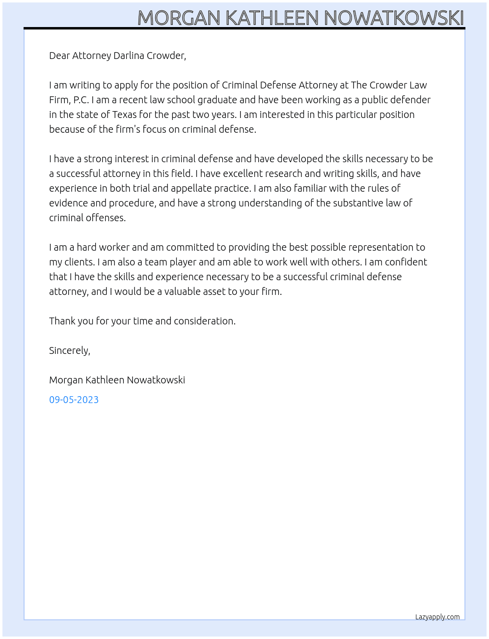 Criminal Defense Attorney At The Crowder Law Firm, P.C. Cover Letter