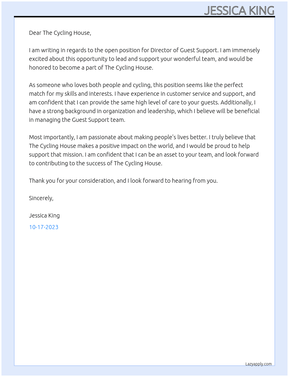 Director of Guest Support At The Cycling House Cover Letter