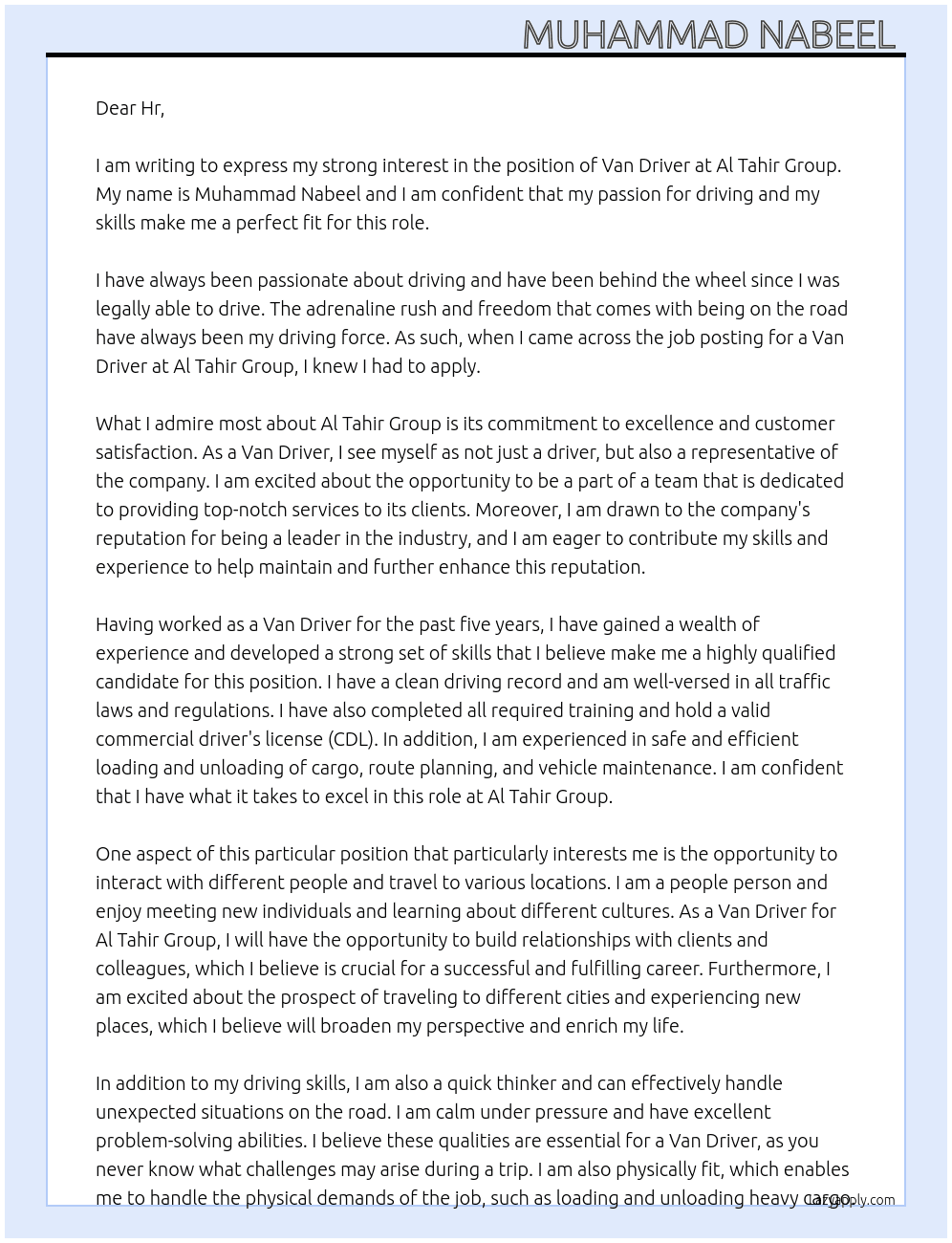 Van Driver  At Al Tahir Group  Cover Letter