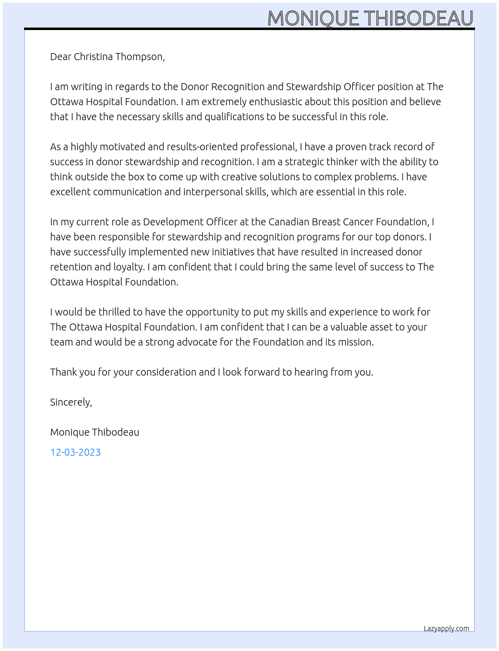 Donor Recognition and Stewardship Officer At The Ottawa Hospital Foundation Cover Letter