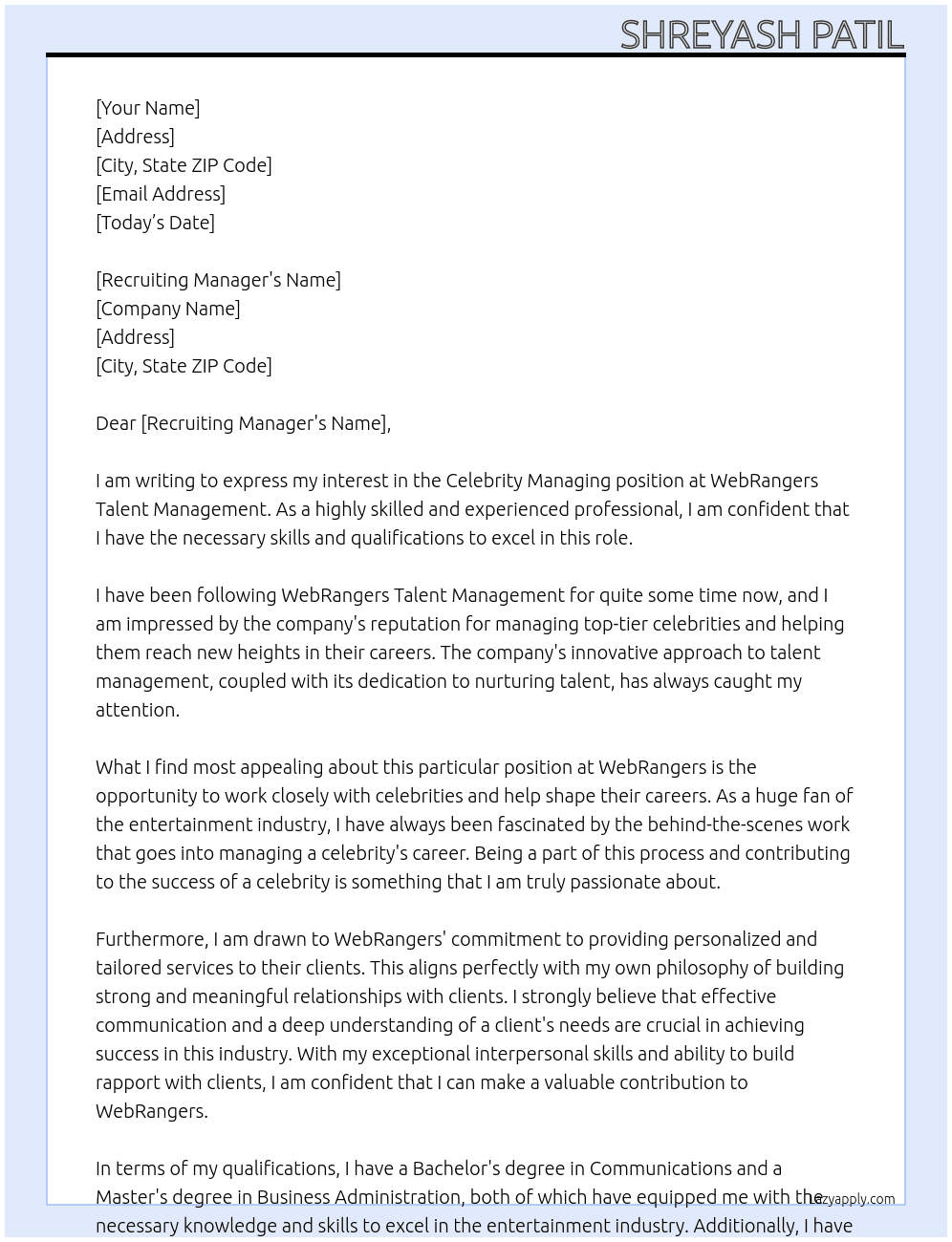 celebrity managing job At WebRangers Talent Management Cover Letter