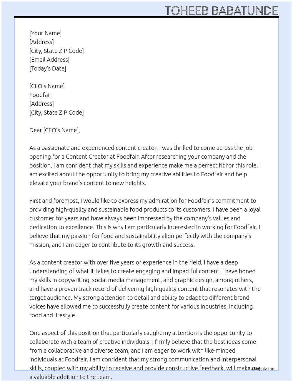 Content creator At Foodfair Cover Letter