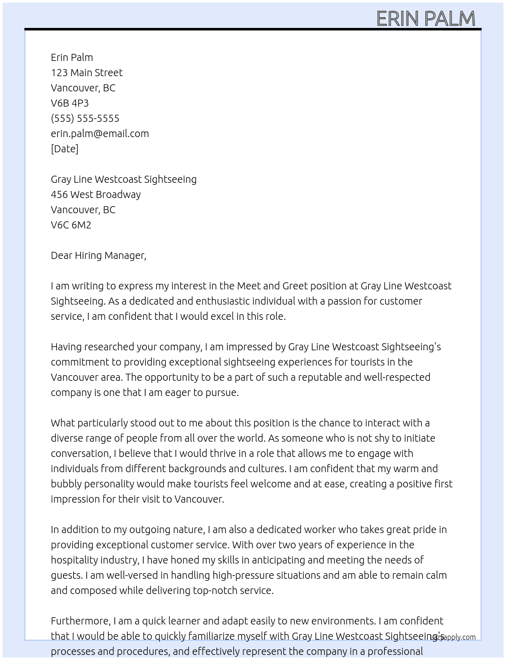 Meet and Greet  At Gray Line Westcoast Sightseeing  Cover Letter