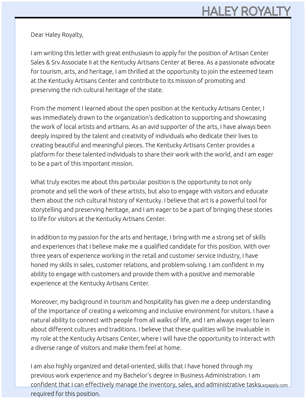 Artisan Center Sales & Srv Associate II At Kentucky Artisans Center at Berea Cover Letter