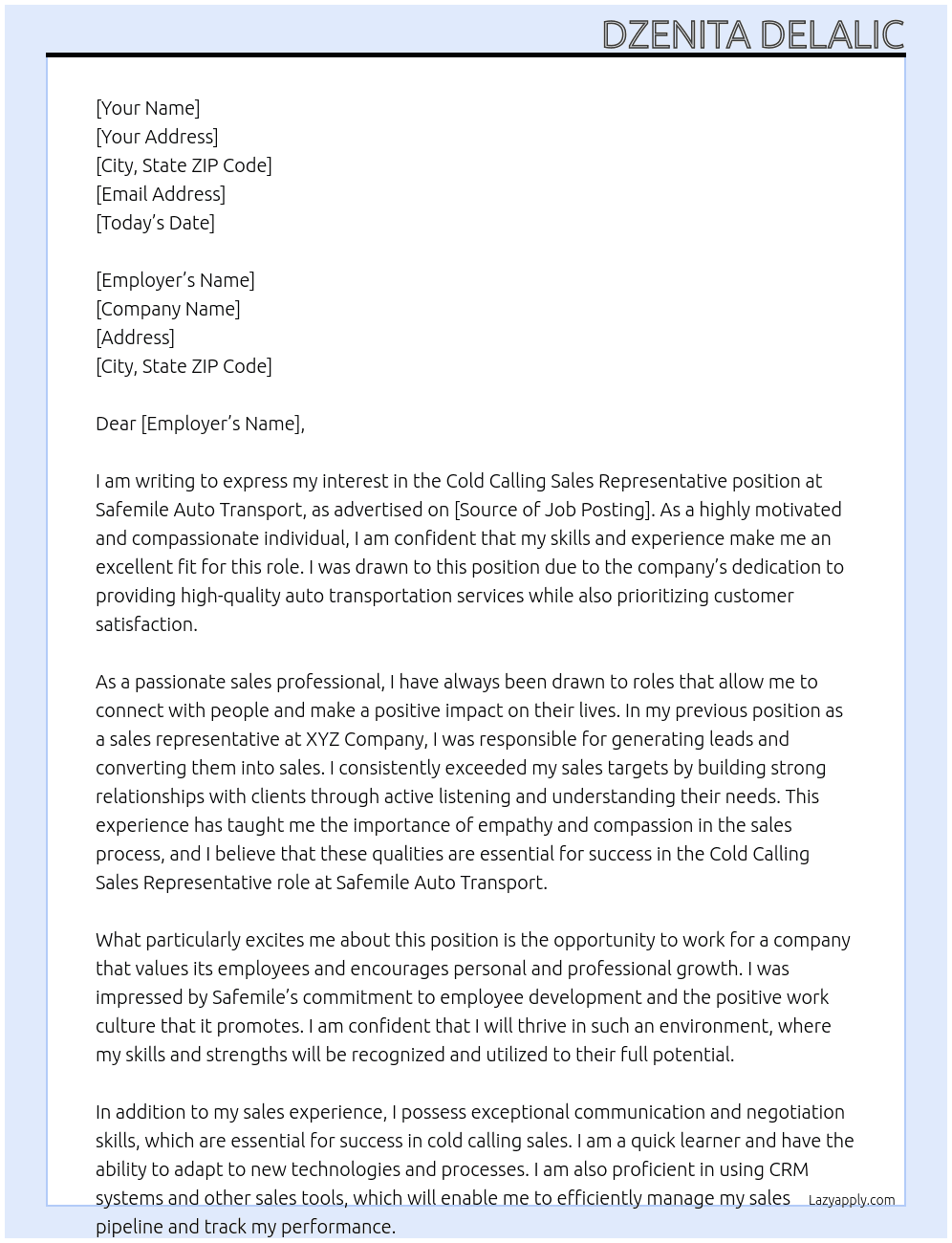 Cold Calling Sales Representative At Safemile Auto Transport Cover Letter