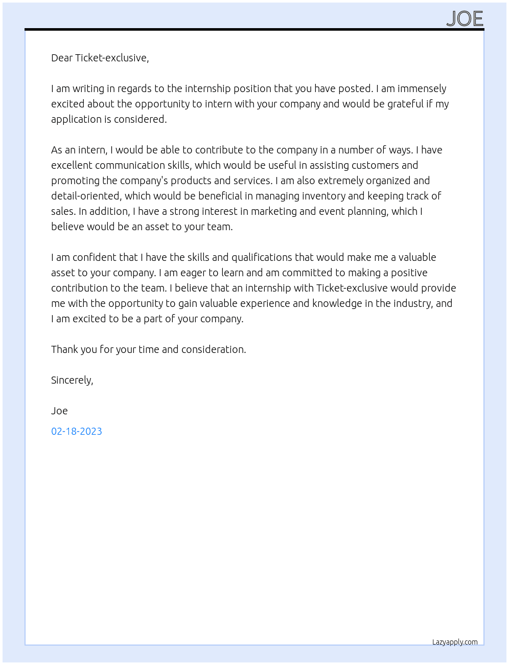 internship At ticket-exclusive Cover Letter