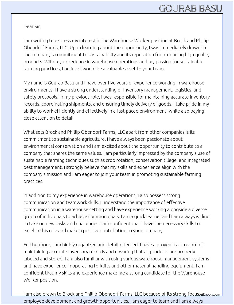 Warehouse Worker At Brock and Phillip Obendorf Farms, LLC Cover Letter