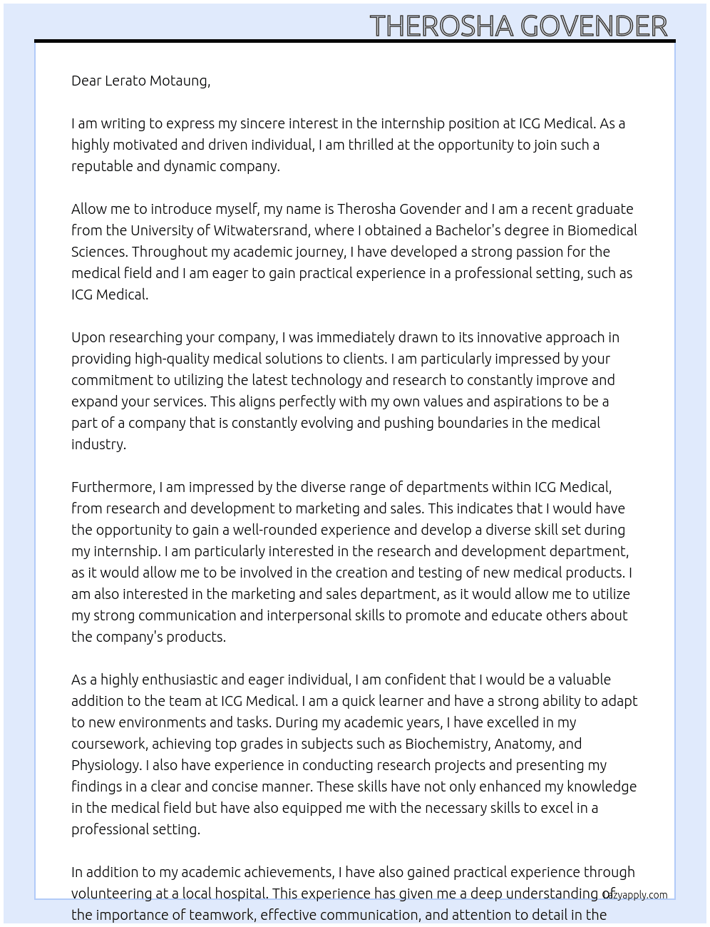 internship At ICG Medical Cover Letter