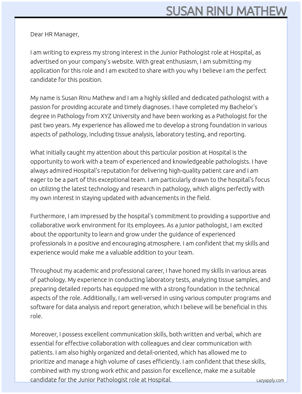Pathologist At Hospital Cover Letter