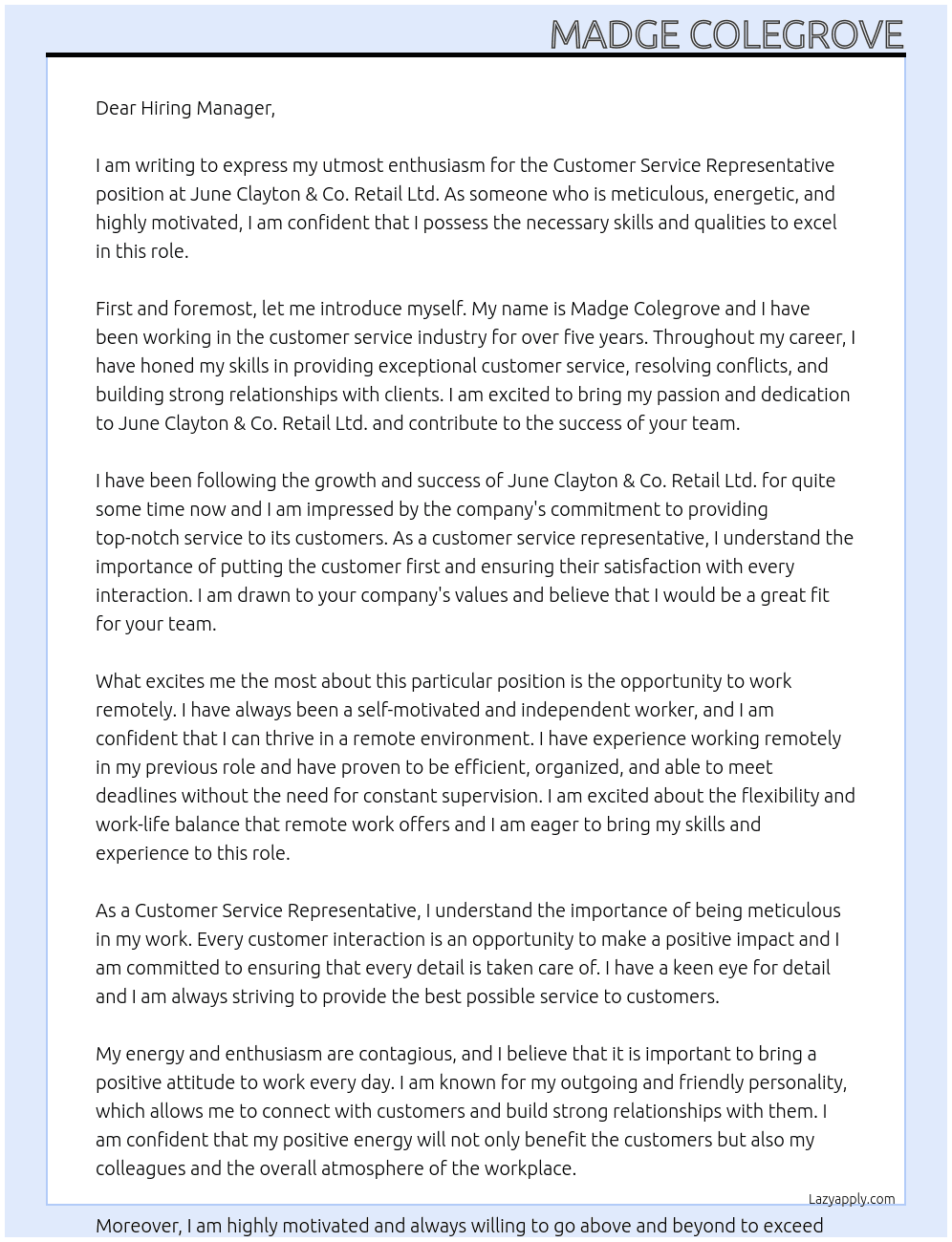Customer Service Representative At June Clayton & Co. Retail Ltd. Cover Letter