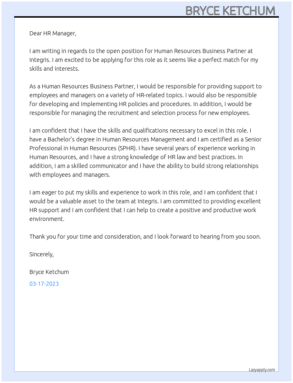 Human Resources Business Partner At Integris  Cover Letter