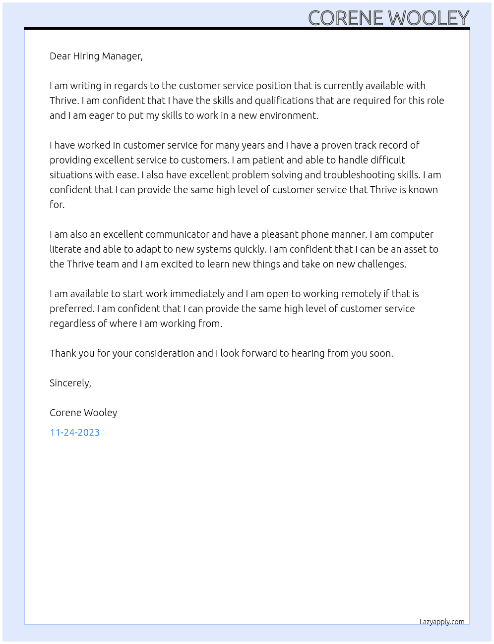 Customer service At Thrive Cover Letter