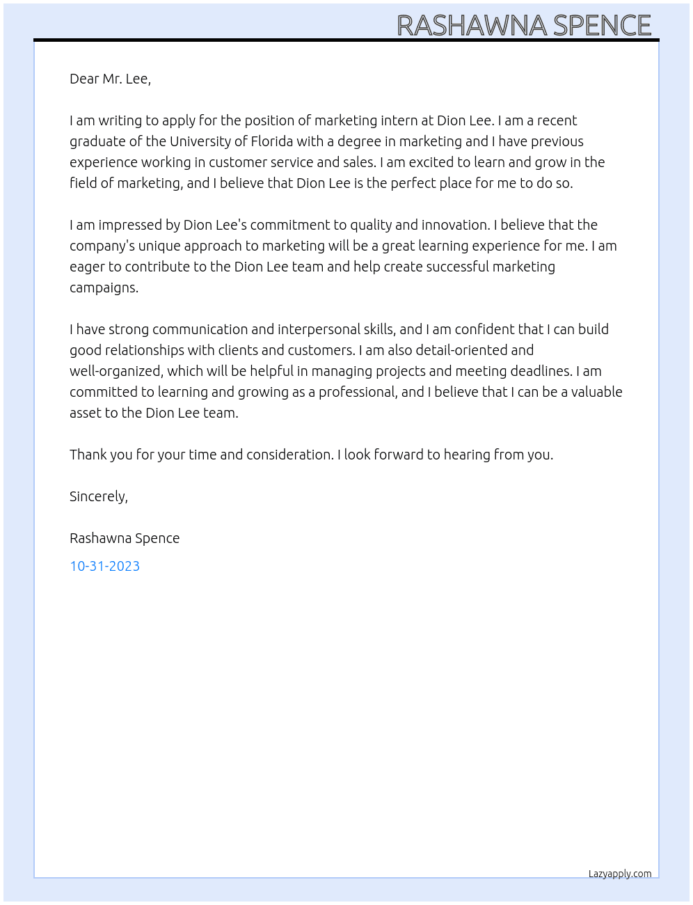 Marketing intern At Dion Lee Cover Letter