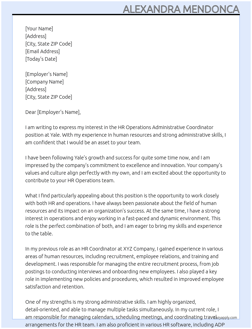 HR Operations Administrative Coordinator At Yale Cover Letter