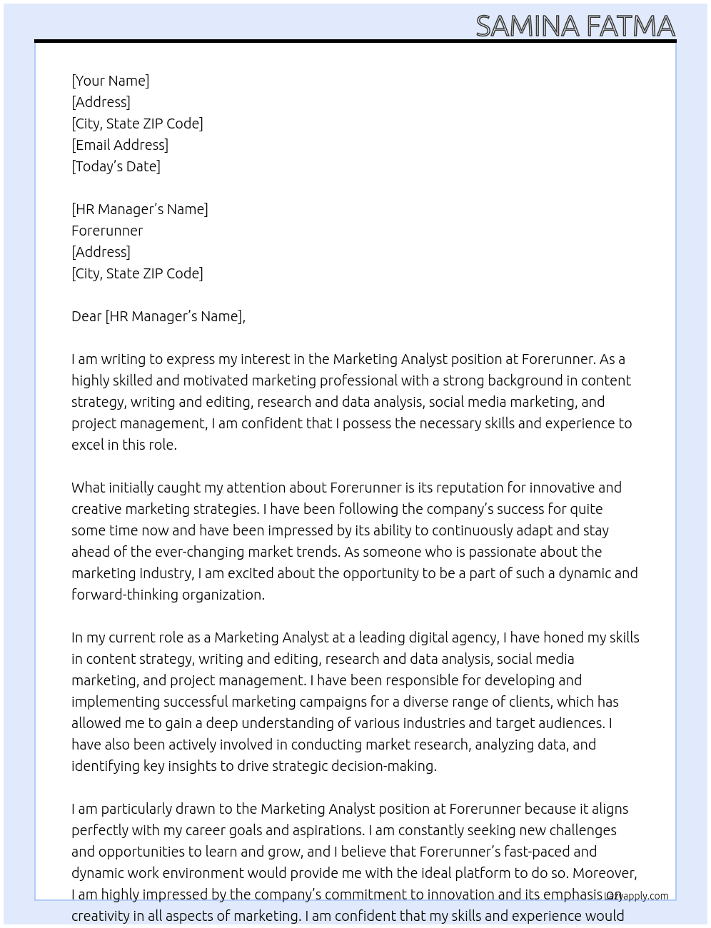 Marketing Analyst At Forerunner Cover Letter