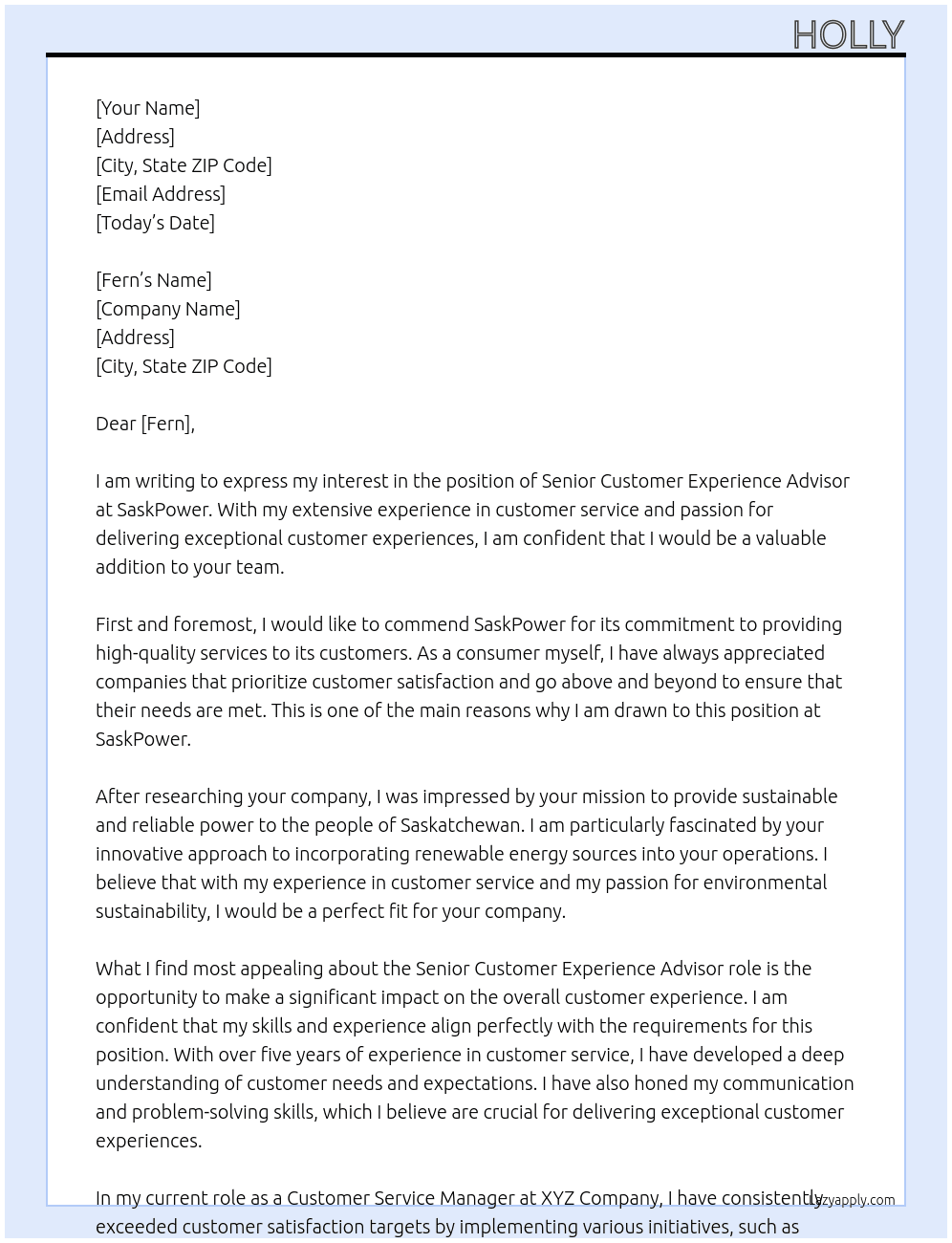 SENIOR CUSTOMER EXPERIENCE ADVIAOR At SaskPower Cover Letter