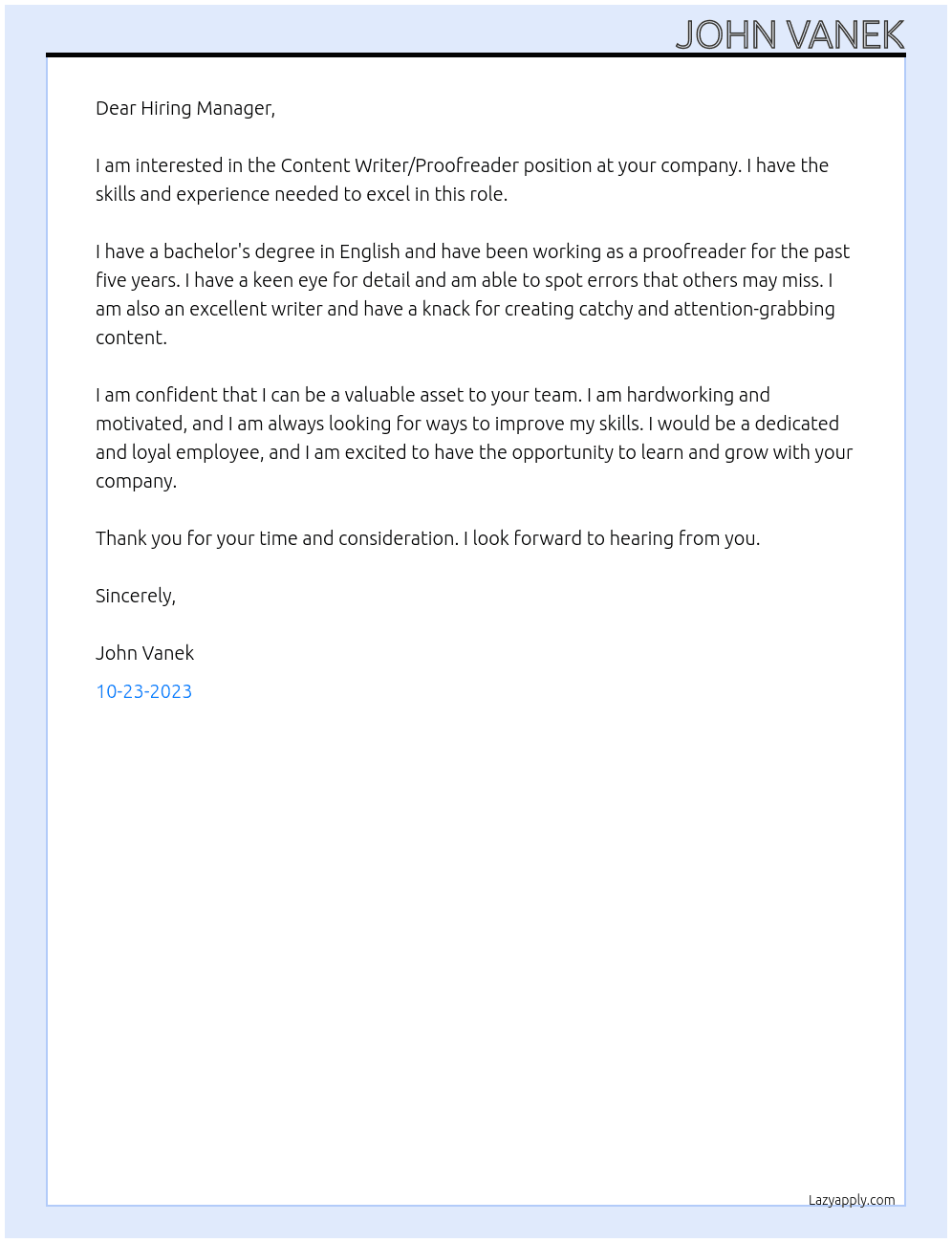Content Writer/Proofreader At you company Cover Letter