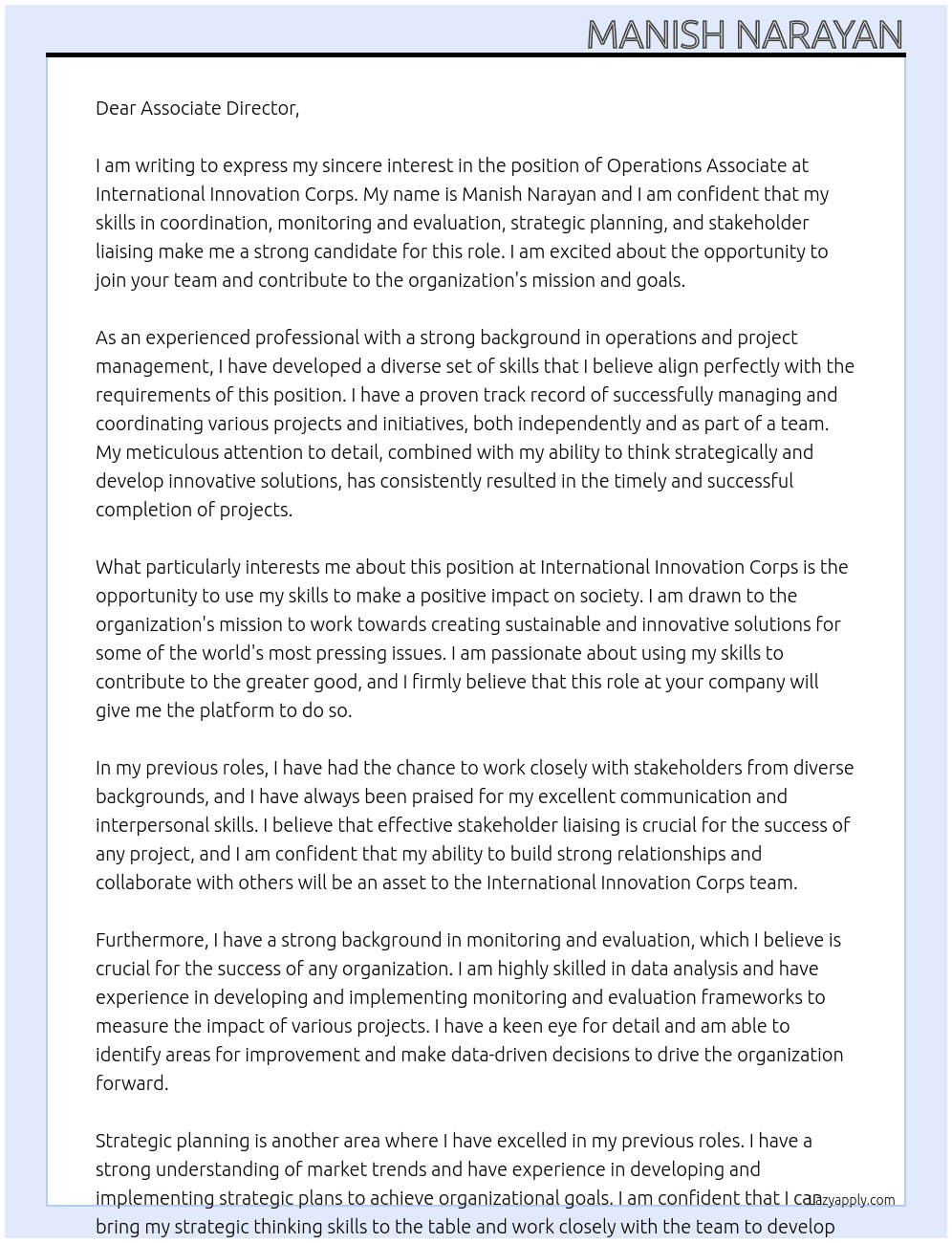 Operations Associate At International Innovation Corps  Cover Letter