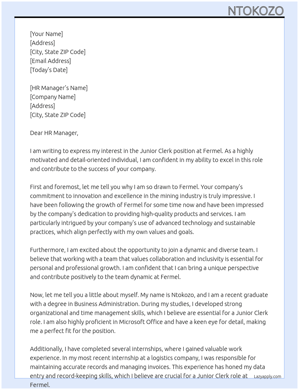 Junior Clerk At Fermel Cover Letter