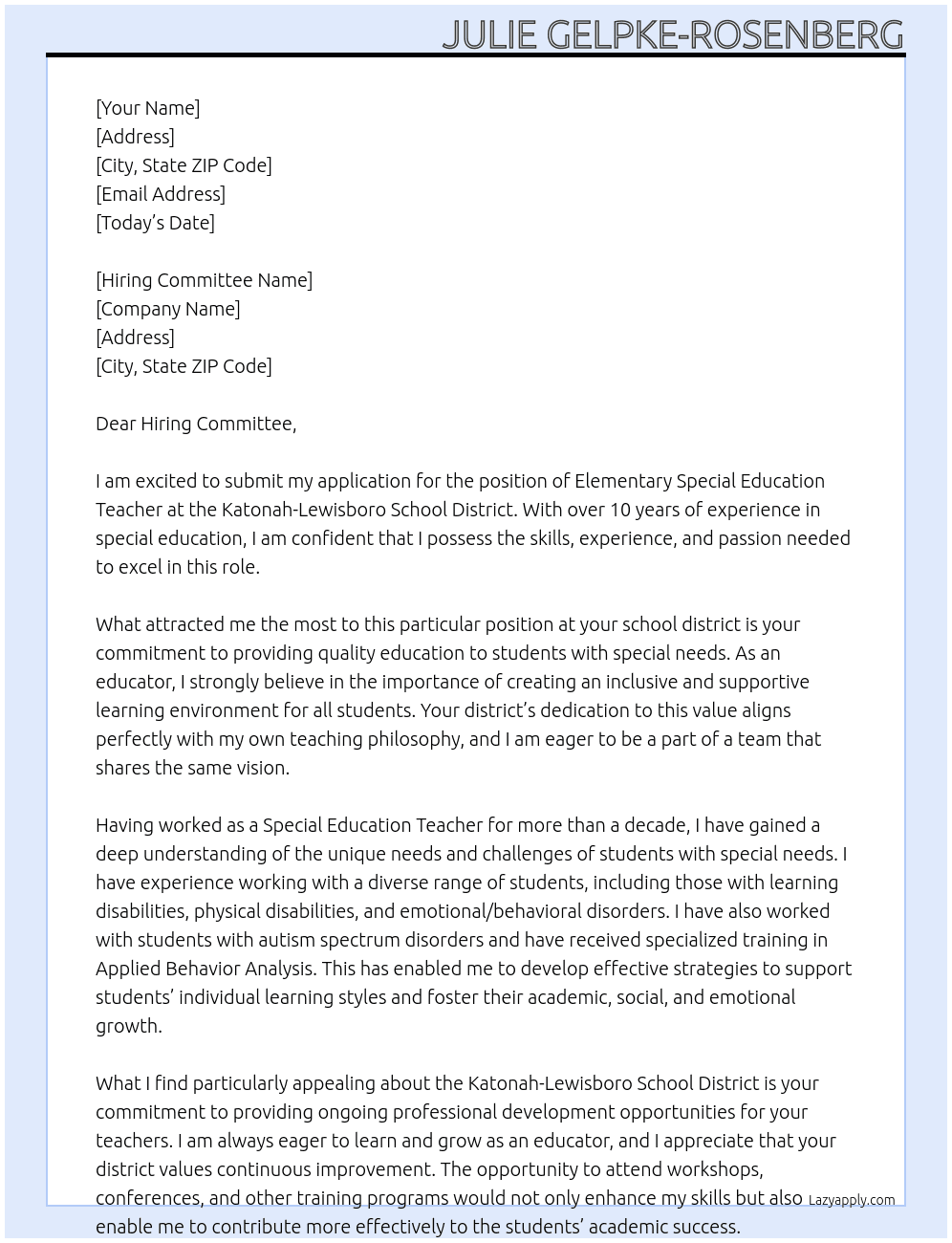 Elementary Special Education Teacher At Katonah-Lewisboro School District Cover Letter