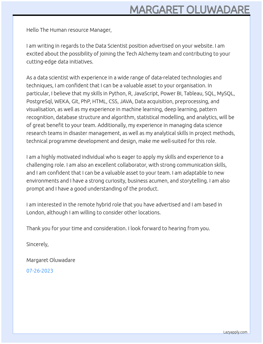 Data Scientist At Tech Alchemy Cover Letter